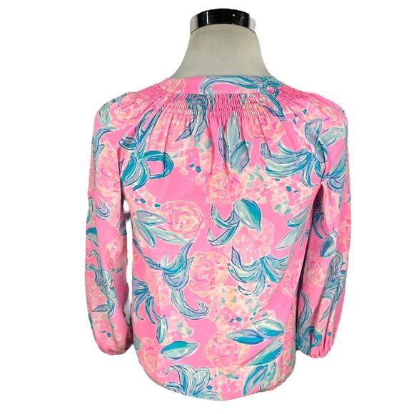 Lilly Pulitzer Elsa Blouse Top Womens XS Pink Floral Silk Split Neck Long Sleeve - Picture 5 of 10